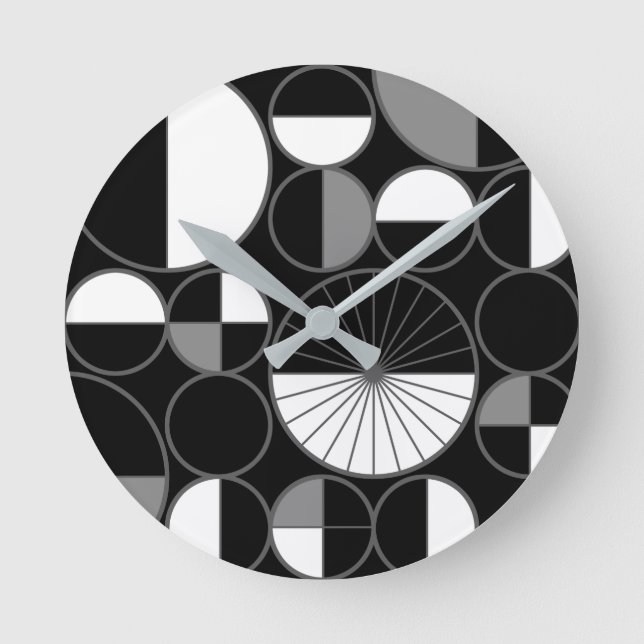 Mid Century Modern Circles Halves Black Grey Round Clock (Front)