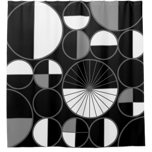 Mid Century Modern Circles Halves Black Grey Shower Curtain (Front)