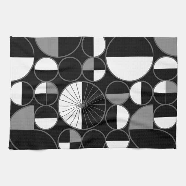 Mid Century Modern Circles Halves Black Grey Tea Towel (Horizontal)
