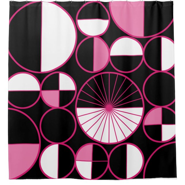 Mid Century Modern Circles Halves Black Pink Shower Curtain (Front)