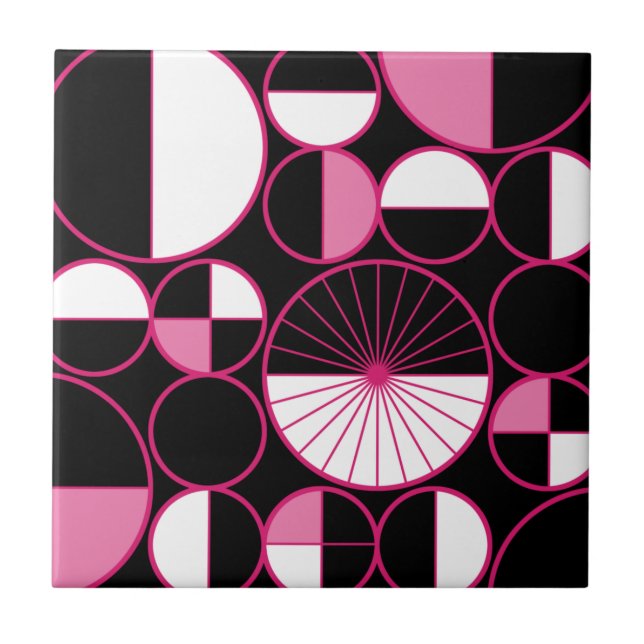 Mid Century Modern Circles Halves Black Pink Tile (Front)