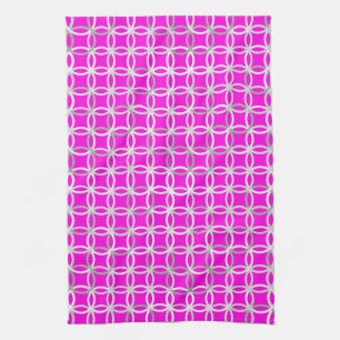 Mid-Century Modern circles, magenta, grey & white Tea Towel