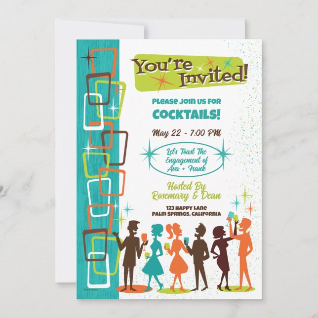 Mid-Century Modern Cocktails Engagement Party  Invitation (Front)
