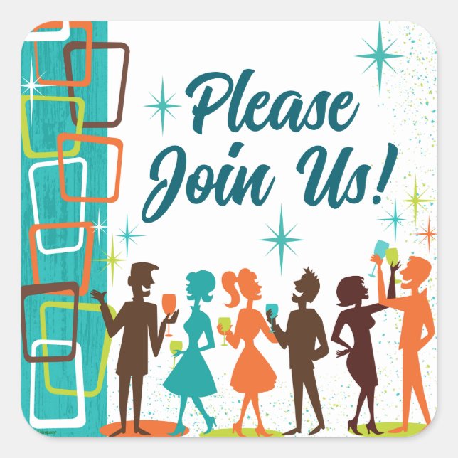 Mid-Century Modern Cocktails Engagement Party Square Sticker (Front)