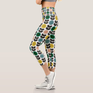 Mid-Century Modern Colored Retro Groovy Flowers Capri Leggings