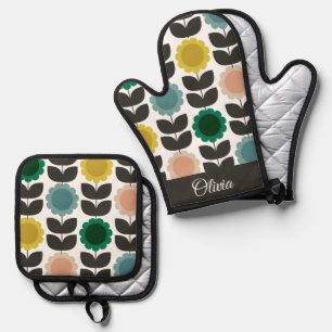  Mid-Century Modern Colored Retro Groovy Flowers  Oven Mitt & Pot Holder Set