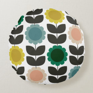  Mid-Century Modern Colored Retro Groovy Flowers  Round Cushion