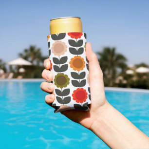 Mid-Century Modern Colored Retro Groovy Flowers Seltzer Can Cooler