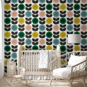  Mid-Century Modern Colored Retro Groovy Flowers  Wallpaper