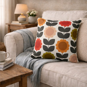  Mid-Century Modern Coloured Retro Groovy Flowers  Cushion