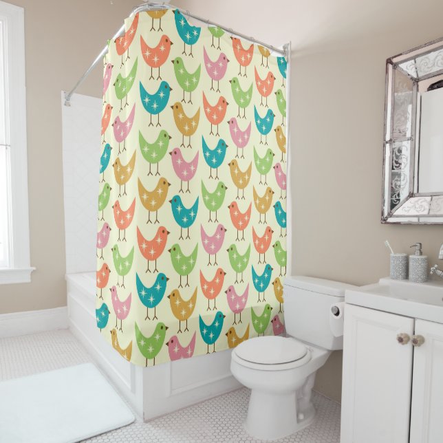 Mid Century Modern Colourful Atomic Birds Pattern  Shower Curtain (In Situ)