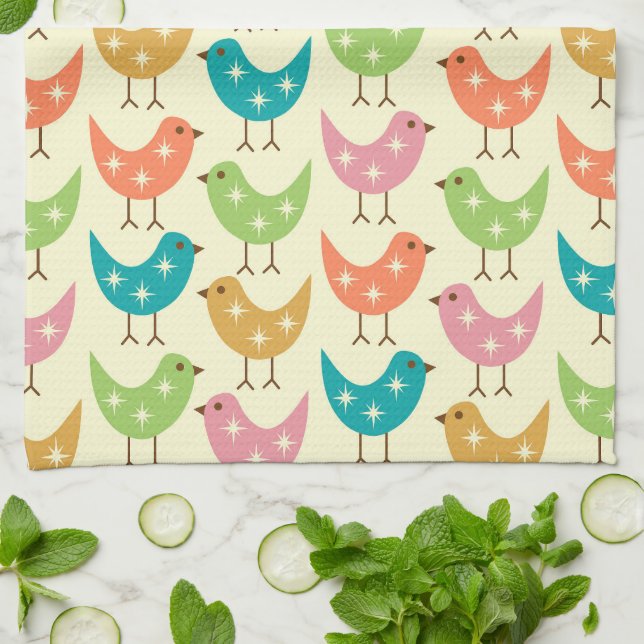 Mid Century Modern Colourful Atomic Birds Pattern  Tea Towel (Folded)