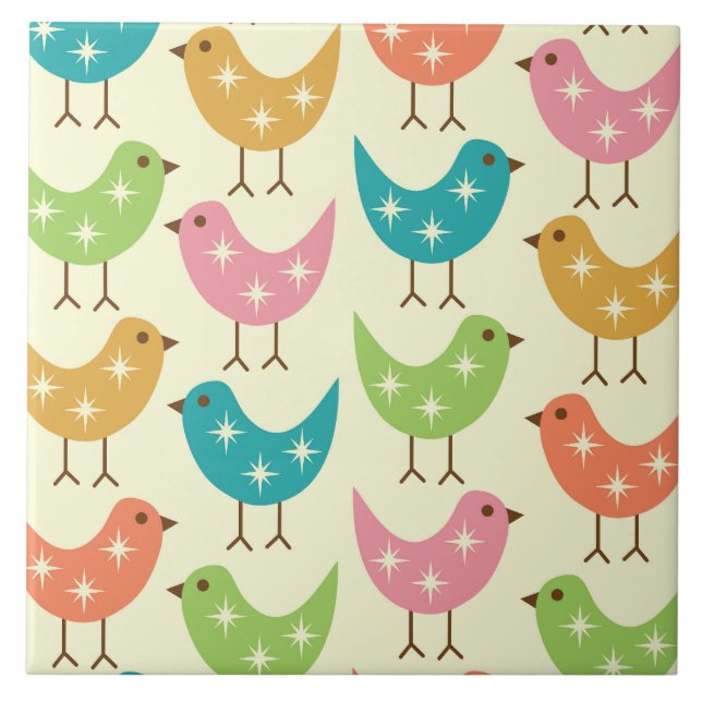 Mid Century Modern Colourful Atomic Birds Pattern  Tile (Front)