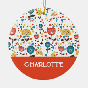 Mid Century Modern Colourful Floral Custom Name Ceramic Tree Decoration