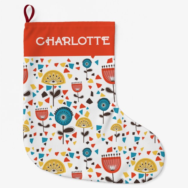 Mid Century Modern Colourful Floral Custom Name Large Christmas Stocking (Front)