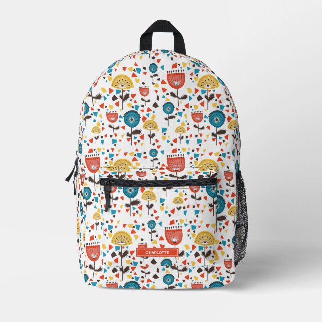 Mid Century Modern Colourful Floral Custom Name Printed Backpack (Front)