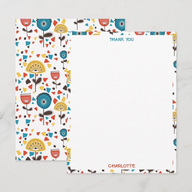 Mid Century Modern Colourful Floral Pattern Thank You Card (Front/Back)