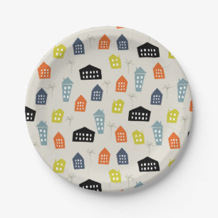 Mid-century modern colourful houses and trees paper plate