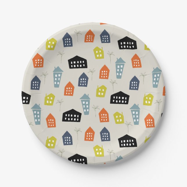 Mid-century modern colourful houses and trees paper plate (Front)