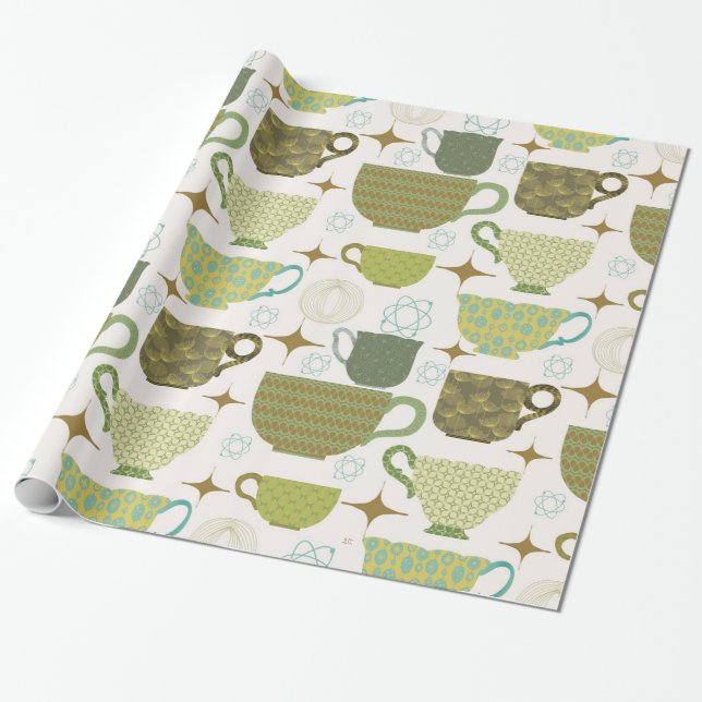Mid Century Modern Colourful Teacup  Wrapping Paper (Unrolled)