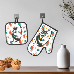 Mid Century Modern Cool Cat 50's Oven Mitt & Pot Holder Set