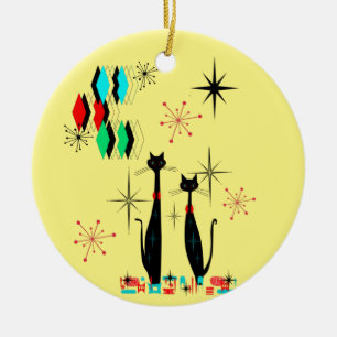 Mid Century Modern Cool Cat & Starburst Atomic Era Ceramic Tree Decoration