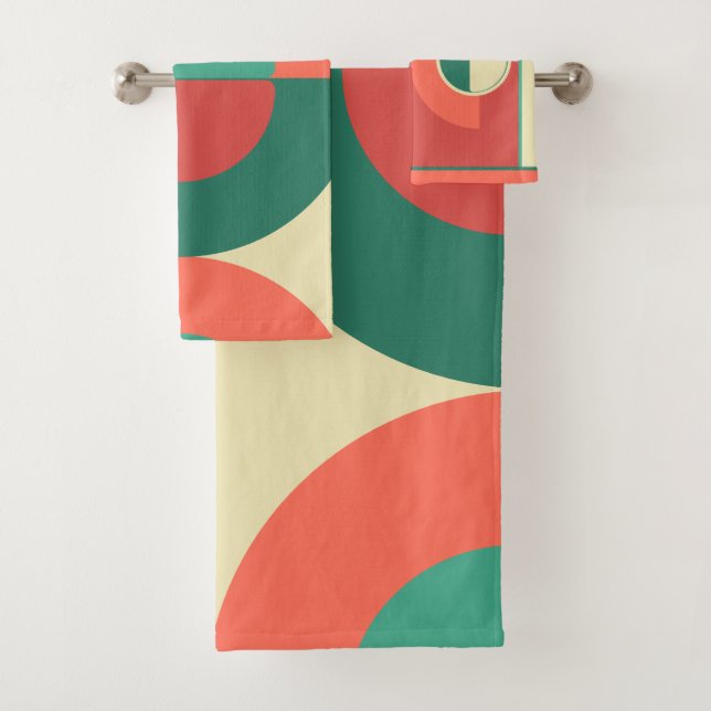 Mid-Century Modern Coral Mint   Bath Towel Set (Insitu)
