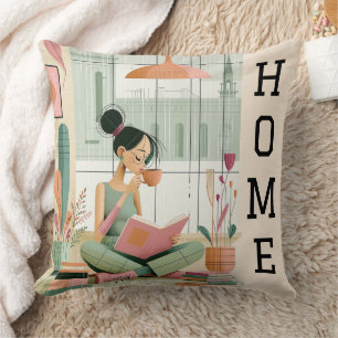 Mid Century Modern Cosy Girl Reading Book Home Cushion