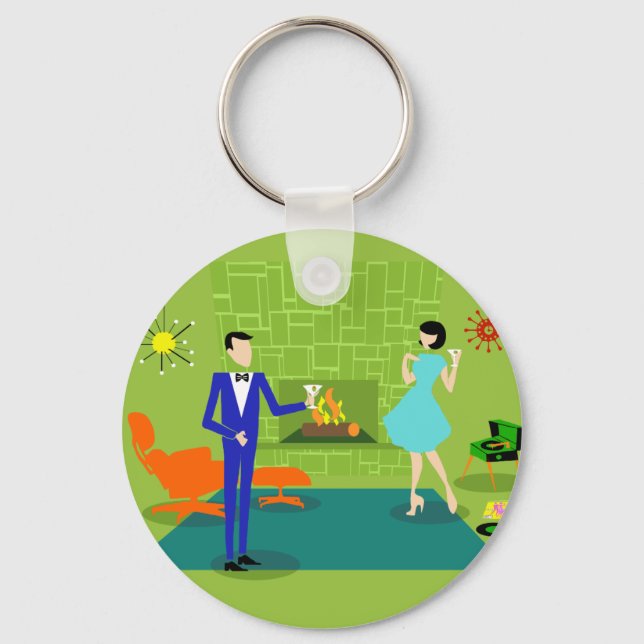 Mid Century Modern Couple Button Keychain (Front)