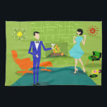 Mid Century Modern Couple Kitchen Towels<br><div class="desc">These Mid Century Modern Couple Kitchen Towels look like a scene out of a romantic comedy. The 1960's style, minimalist art design features an attractive cartoon couple enjoying a romantic evening at home. The sophisticated room prominently features a green stone wall with a roaring fire in the fireplace. The furnishings...</div>