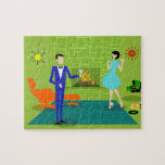 Mid Century Modern Couple Puzzle<br><div class="desc">This Mid Century Modern Couple Puzzle looks like a scene out of a romantic comedy. The 1960's style, minimalist art design features an attractive cartoon couple enjoying a romantic evening at home. The sophisticated room prominently features a green stone wall with a roaring fire in the fireplace. The furnishings in...</div>