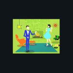 Mid Century Modern Couple Stretched Canvas Print<br><div class="desc">This Mid Century Modern Couple Stretched Canvas Print looks like a scene out of a romantic comedy. The 1960's style, minimalist art design features an attractive cartoon couple enjoying a romantic evening at home. The sophisticated room prominently features a green stone wall with a roaring fire in the fireplace. The...</div>