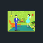 Mid Century Modern Couple Stretched Canvas Print<br><div class="desc">This Mid Century Modern Couple Stretched Canvas Print looks like a scene out of a romantic comedy. The 1960's style, minimalist art design features an attractive cartoon couple enjoying a romantic evening at home. The sophisticated room prominently features a green stone wall with a roaring fire in the fireplace. The...</div>