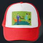 Mid Century Modern Couple Trucker Hat<br><div class="desc">This Mid Century Modern Couple Trucker Hat looks like a scene out of a romantic comedy. The 1960's style, minimalist art design features an attractive cartoon couple enjoying a romantic evening at home. The sophisticated room prominently features a green stone wall with a roaring fire in the fireplace. The furnishings...</div>