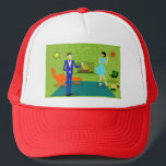 Mid Century Modern Couple Trucker Hat<br><div class="desc">This Mid Century Modern Couple Trucker Hat looks like a scene out of a romantic comedy. The 1960's style, minimalist art design features an attractive cartoon couple enjoying a romantic evening at home. The sophisticated room prominently features a green stone wall with a roaring fire in the fireplace. The furnishings...</div>