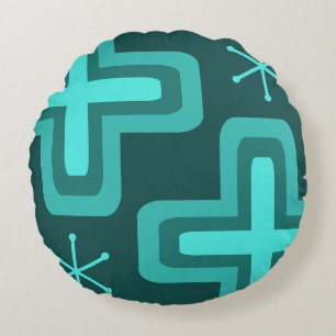 Mid Century Modern Crosses Teal Round Cushion