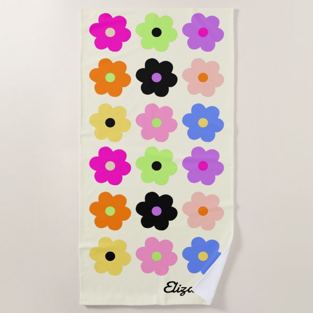 Mid Century Modern Daisies Colourful Retro Name Beach Towel (Front)