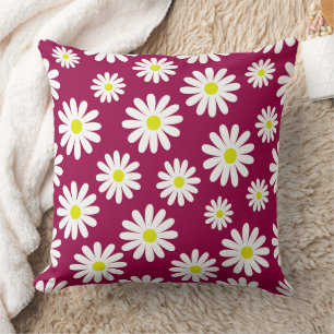 mid century modern daisies floral berry pink cushion