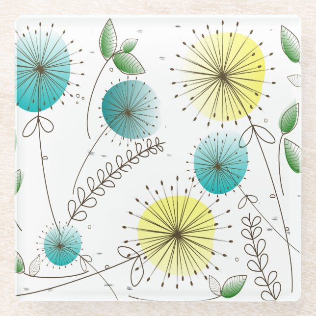 Mid-Century Modern Dandelion Clocks Blue Yellow  Glass Coaster (Front)