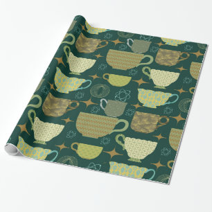 Mid Century Modern Dark Green Teacup Wrapping Paper