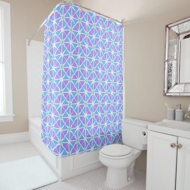 Mid century modern diamond blue purple shower curtain (In Situ)