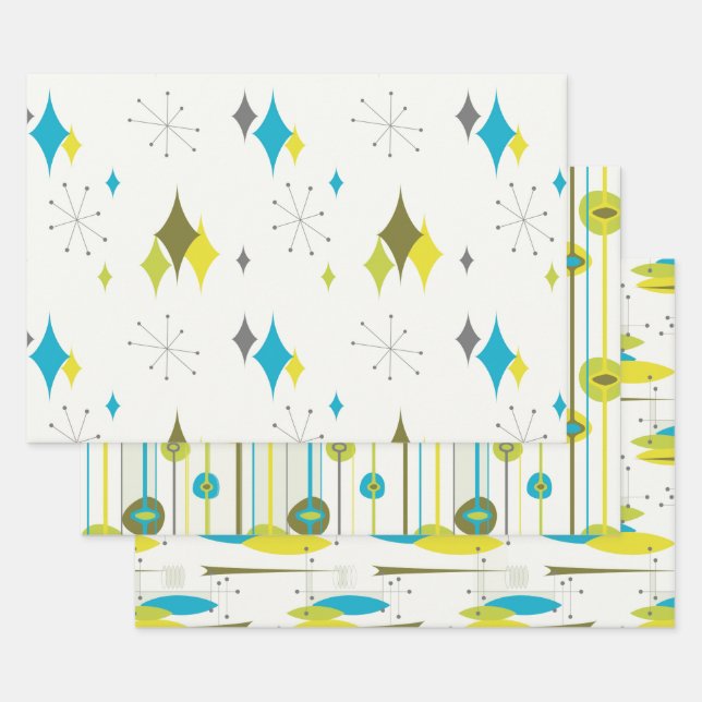 Mid Century Modern diamonds, fish, avocado green  Wrapping Paper Sheet (Set)