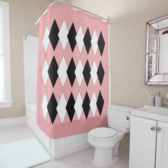 Mid-Century Modern Diamonds On Pink Shower Curtain (In Situ)
