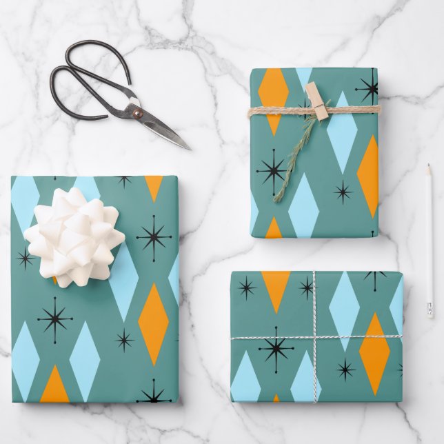 Mid Century Modern Diamonds Starbursts Teal Orange Wrapping Paper Sheet (Front)
