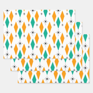 Mid Century Modern Diamonds Starbursts Teal Orange Wrapping Paper Sheet