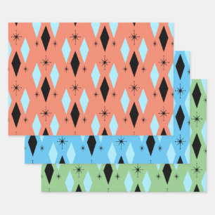 Mid Century Modern Diamonds Starbursts Three Colou Wrapping Paper Sheet
