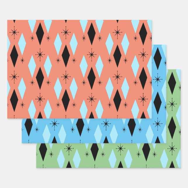 Mid Century Modern Diamonds Starbursts Three Colou Wrapping Paper Sheet (Set)