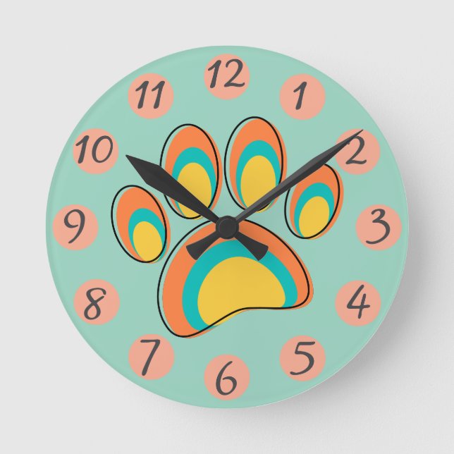 Mid Century Modern Dog Paw Print Round Clock (Front)