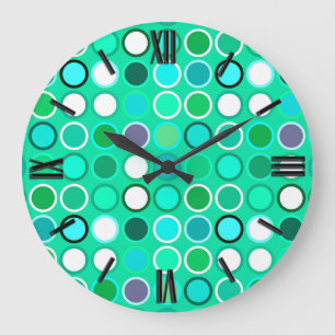 Mid-Century Modern Dots - shades of aqua Large Clock