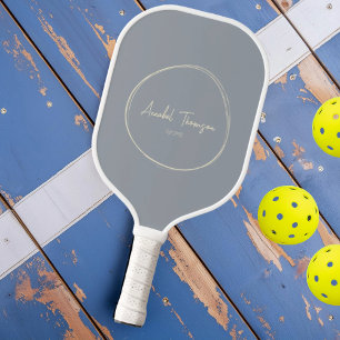 Mid-Century Modern Dove Grey Script Name Pickleball Paddle